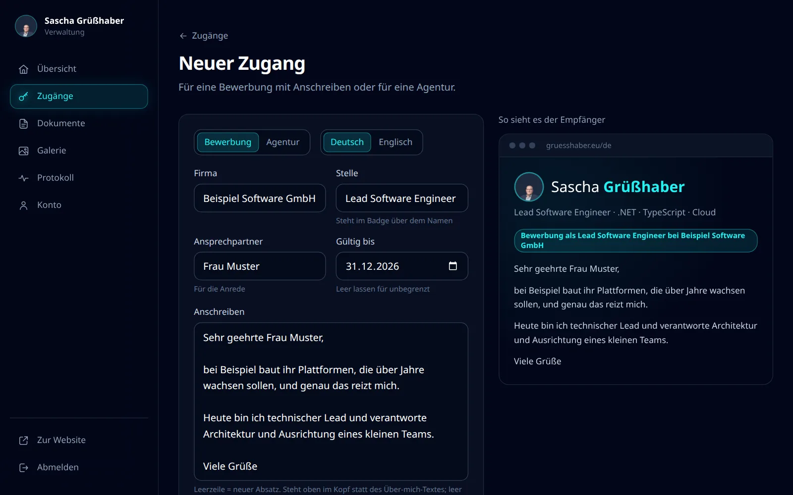 Admin: a new access, with the header as the recipient will see it, live on the right